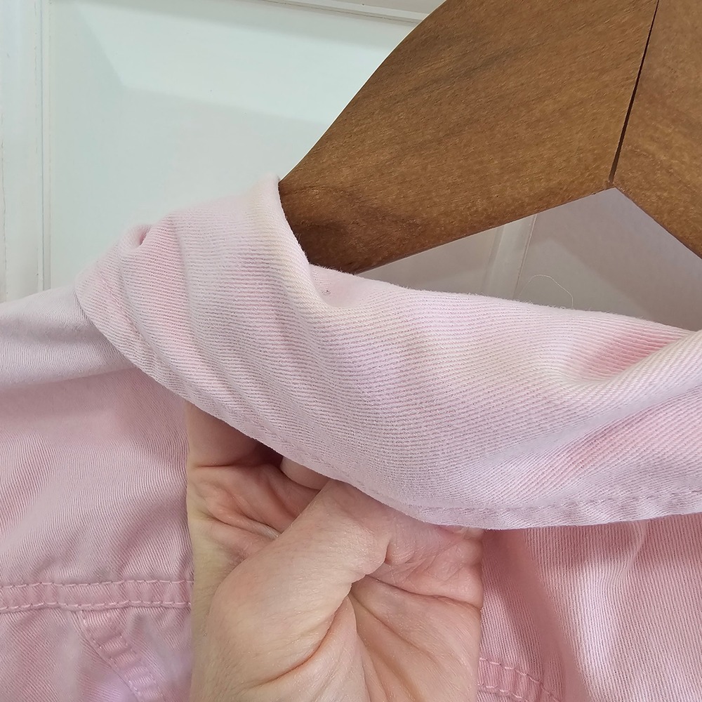 Tudor Court Pink Denim Jacket Womens Large 100% Cotton Button Front Pastel D5L - Picture 6 of 6